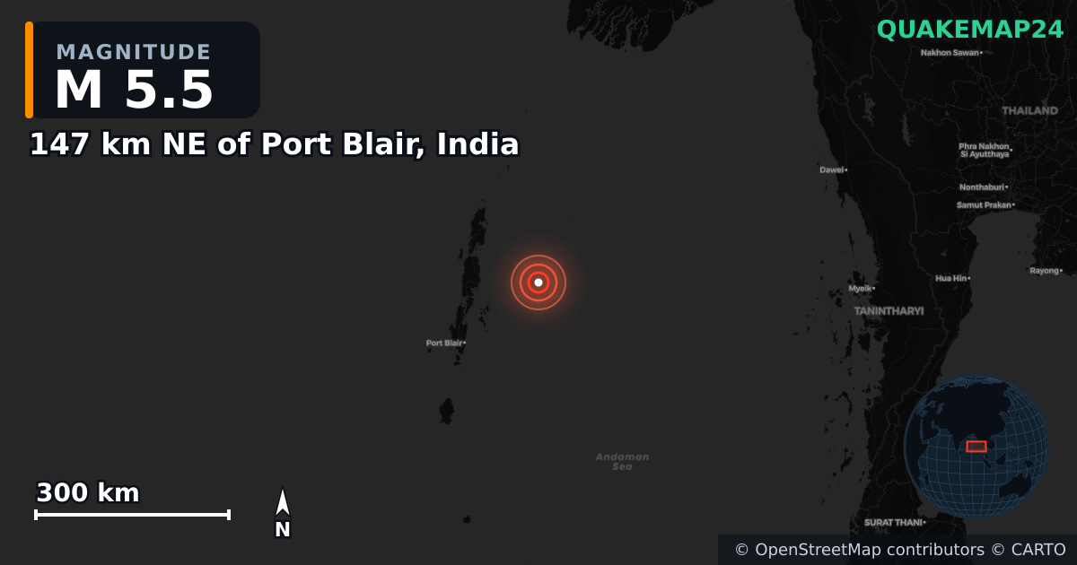 M5.5 earthquake near 147 km NE of Port Blair, India on Nov 9, 2025 — map of epicenter and shaking intensity | QuakeMap24