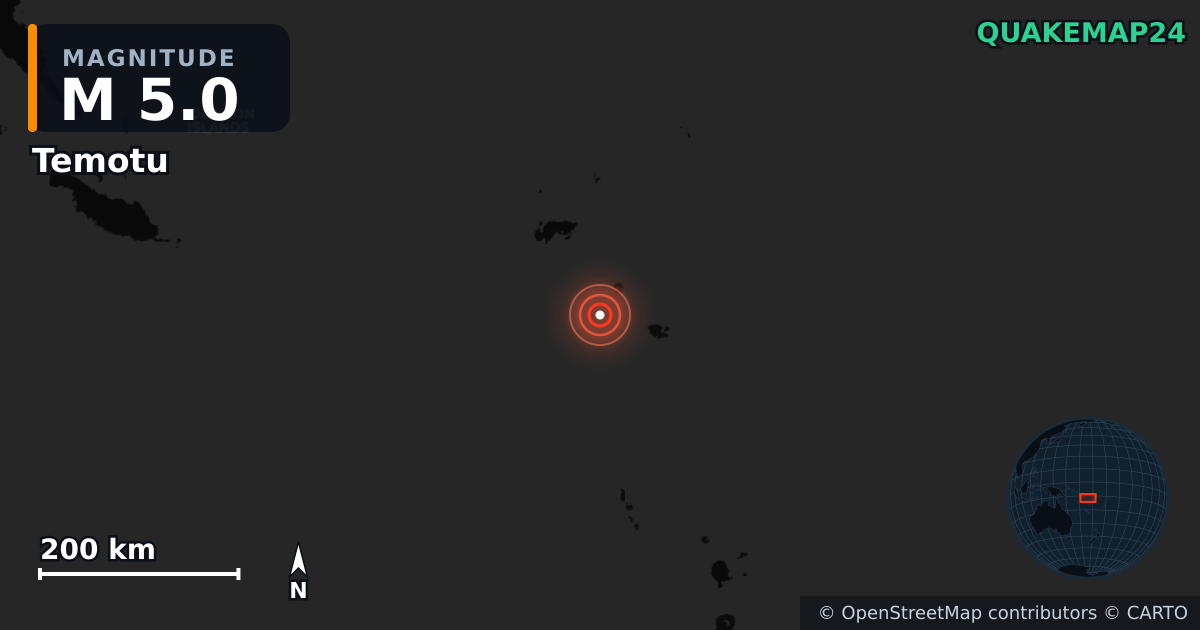 M5.0 earthquake near Temotu on Jul 30, 2025 — map of epicenter and shaking intensity | QuakeMap24