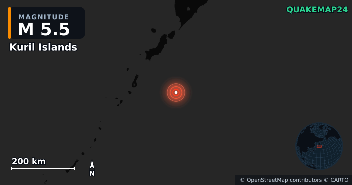 M5.5 earthquake near Kuril Islands on Jul 30, 2025 — map of epicenter and shaking intensity | QuakeMap24