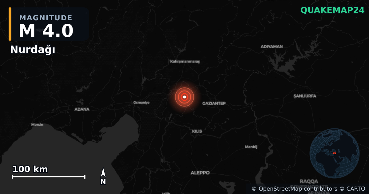 M4.0 earthquake near Nurdağı on Jan 25, 2026 — map of epicenter and shaking intensity | QuakeMap24