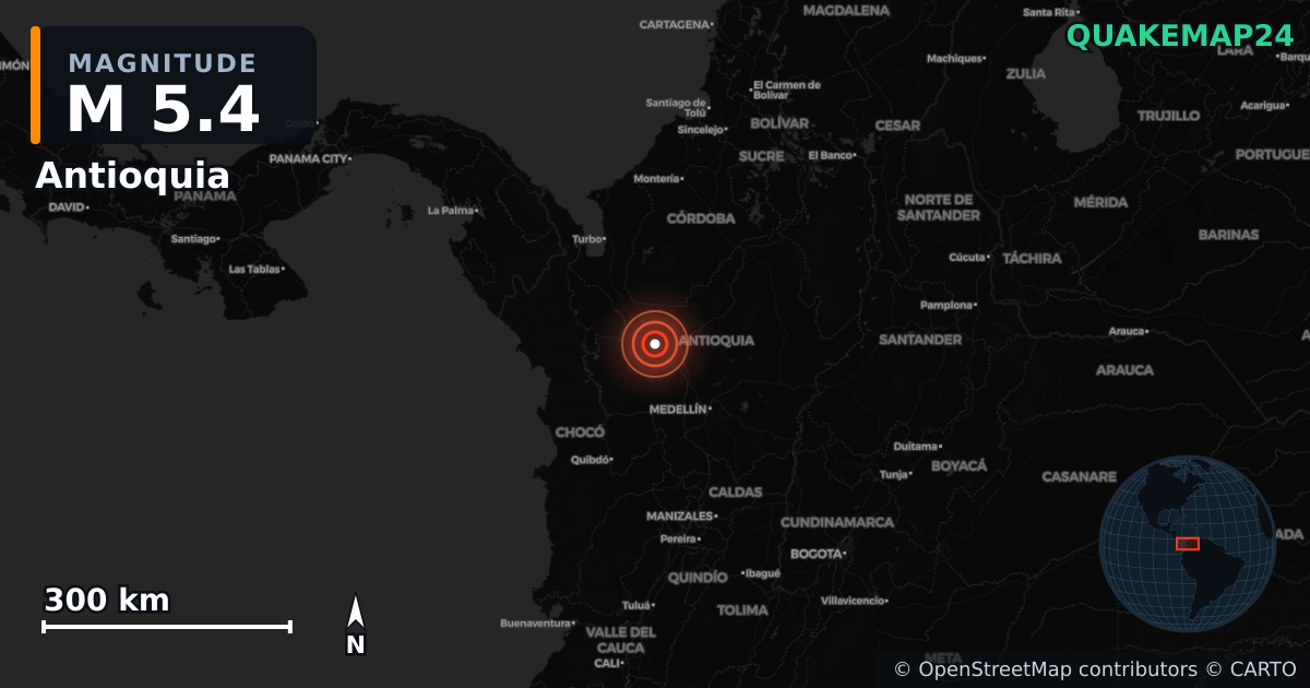 M5.4 earthquake near Antioquia on Sep 14, 2025 — map of epicenter and shaking intensity | QuakeMap24