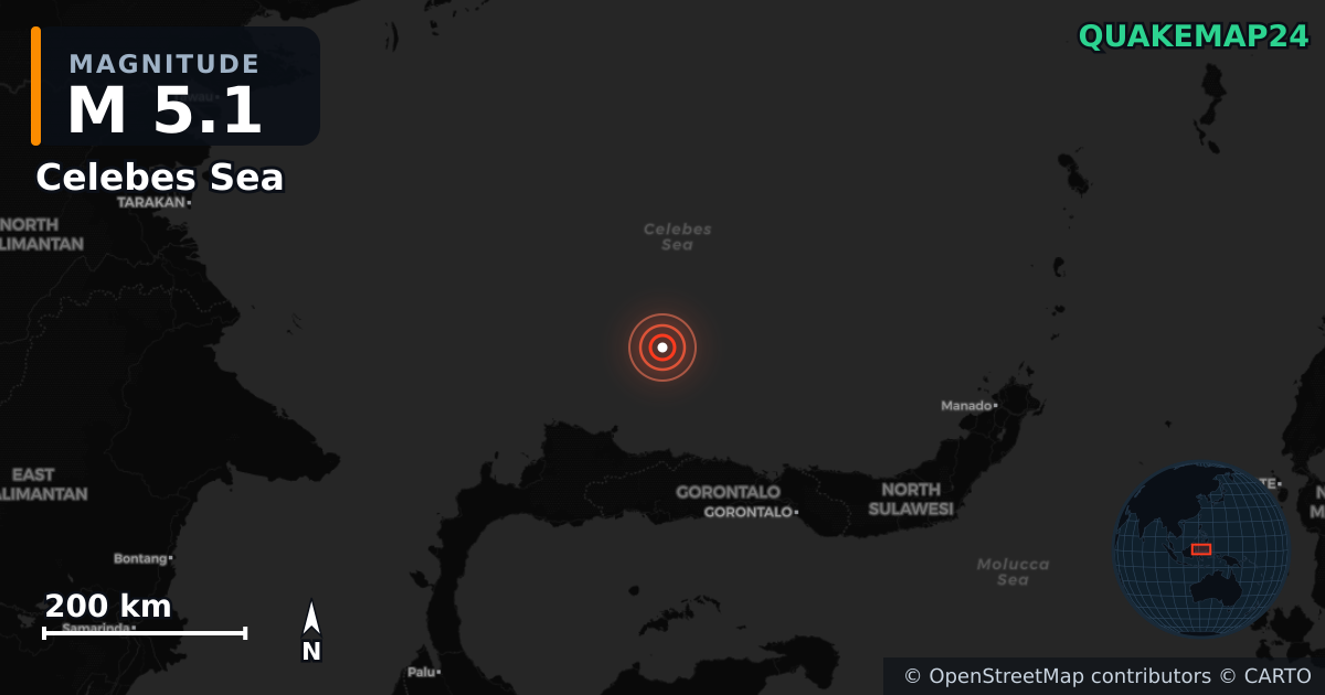 M5.1 earthquake near Celebes Sea on Mar 31, 2026 — map of epicenter and shaking intensity | QuakeMap24