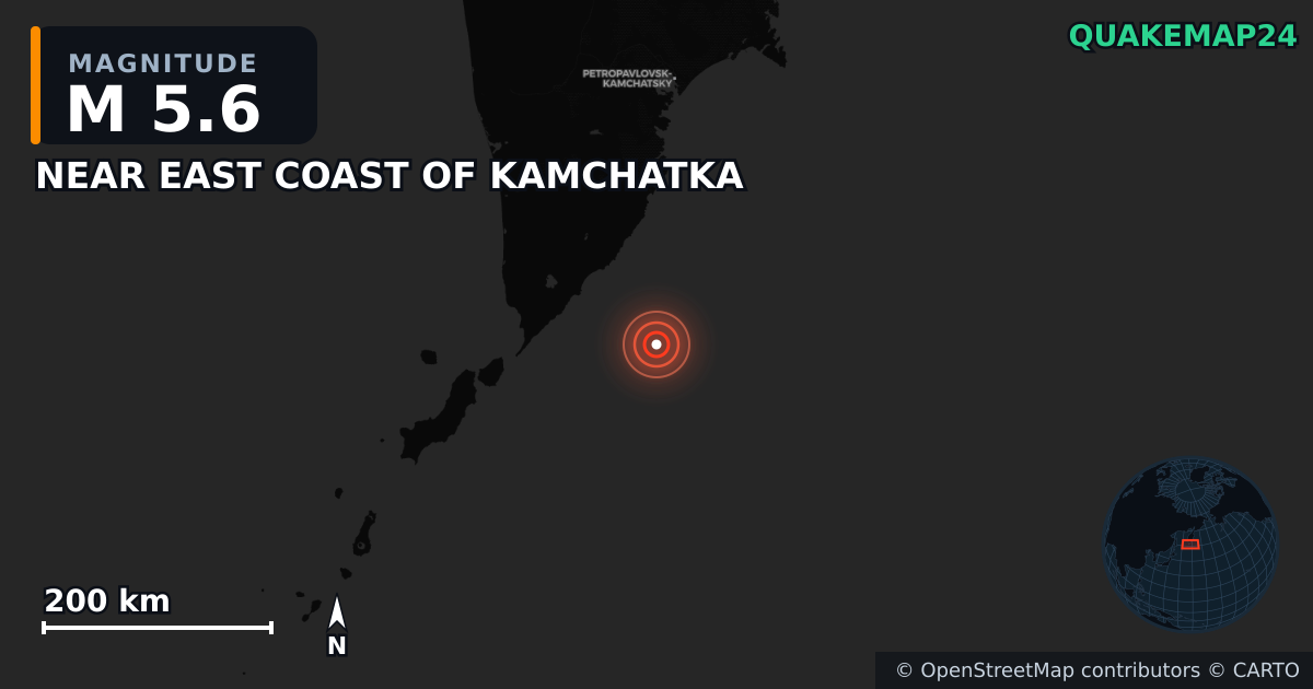 M5.6 earthquake near NEAR EAST COAST OF KAMCHATKA on Jul 30, 2025 — map of epicenter and shaking intensity | QuakeMap24