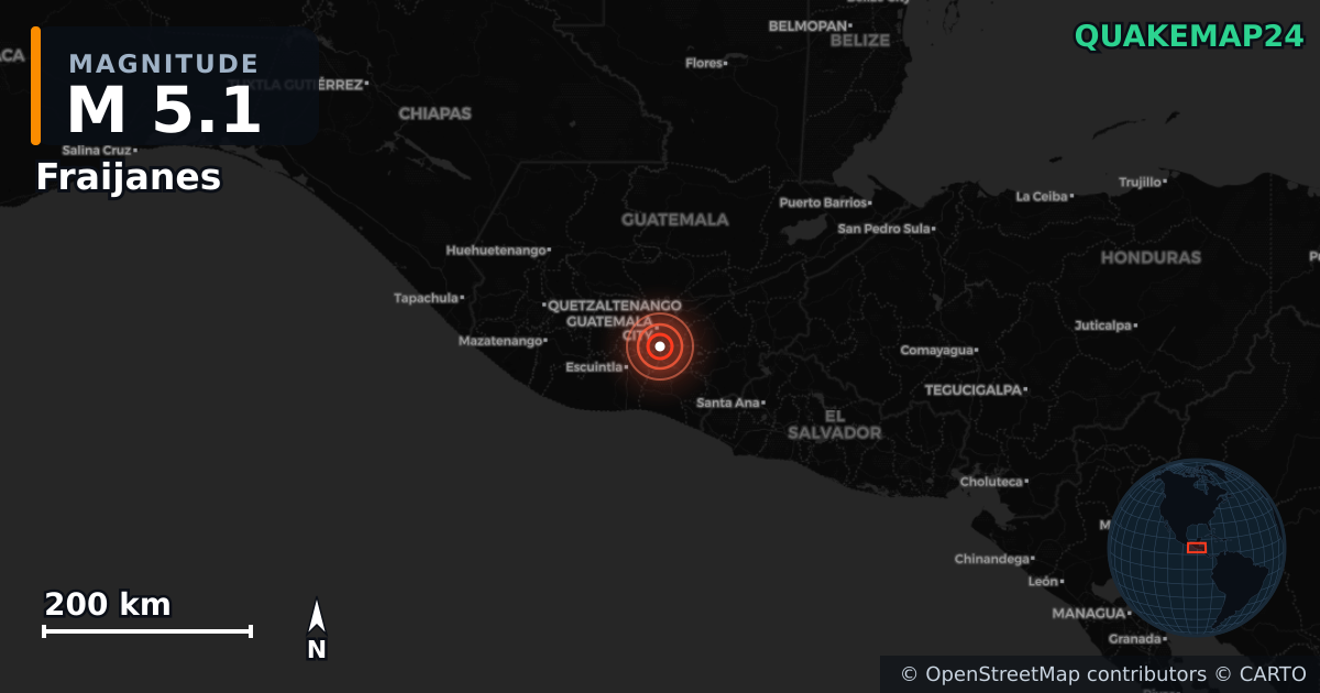 M5.1 earthquake near Fraijanes on Jul 8, 2025 — map of epicenter and shaking intensity | QuakeMap24