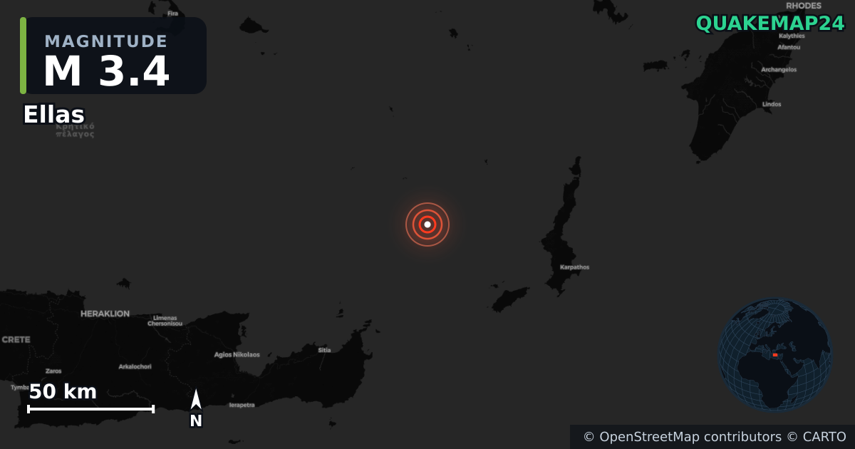 M3.4 earthquake near Ellas on Feb 4, 2026 — map of epicenter and shaking intensity | QuakeMap24