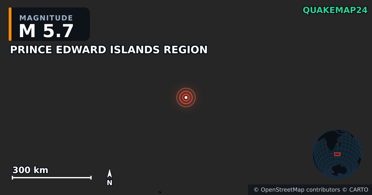 PRINCE EDWARD ISLANDS REGION yakınında M5,7 deprem · 2026-01-04 — Deprem merkez üssünün konumunu gösteren harita