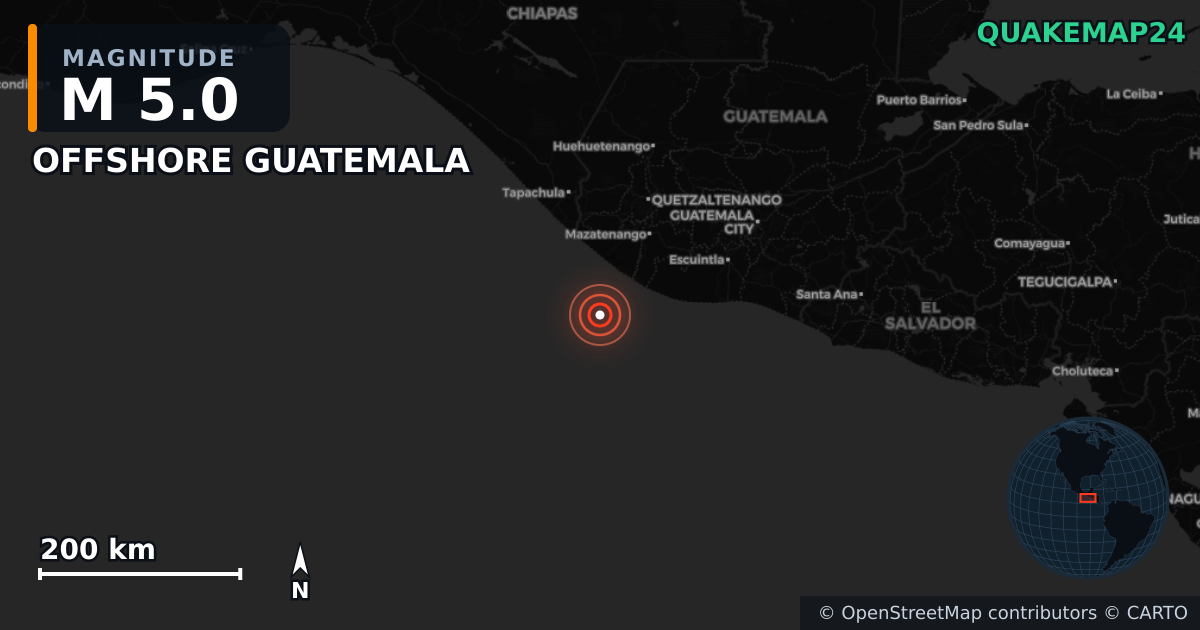 OFFSHORE GUATEMALA yakınında M5,0 deprem — Deprem merkez üssünün konumunu gösteren harita