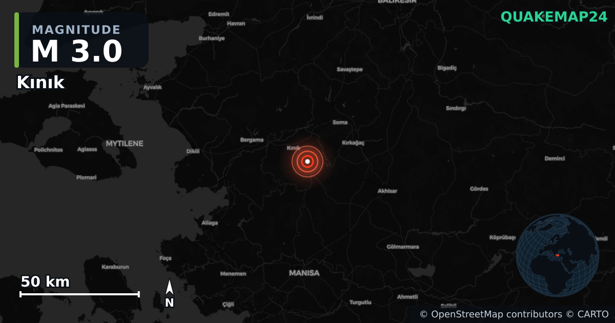 M3.0 earthquake near Kınık on Nov 17, 2025 — map of epicenter and shaking intensity | QuakeMap24