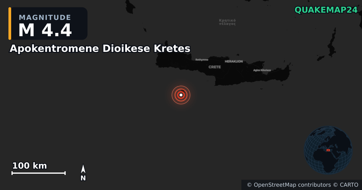 M4.4 earthquake near Apokentromene Dioikese Kretes on Nov 6, 2025 — map of epicenter and shaking intensity | QuakeMap24