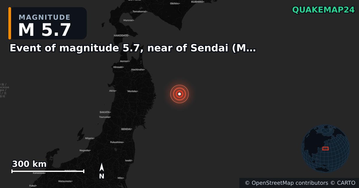 M5.7 earthquake near Event of magnitude 5.7, near of Sendai (Monde) on Nov 9, 2025 — map of epicenter and shaking intensity | QuakeMap24