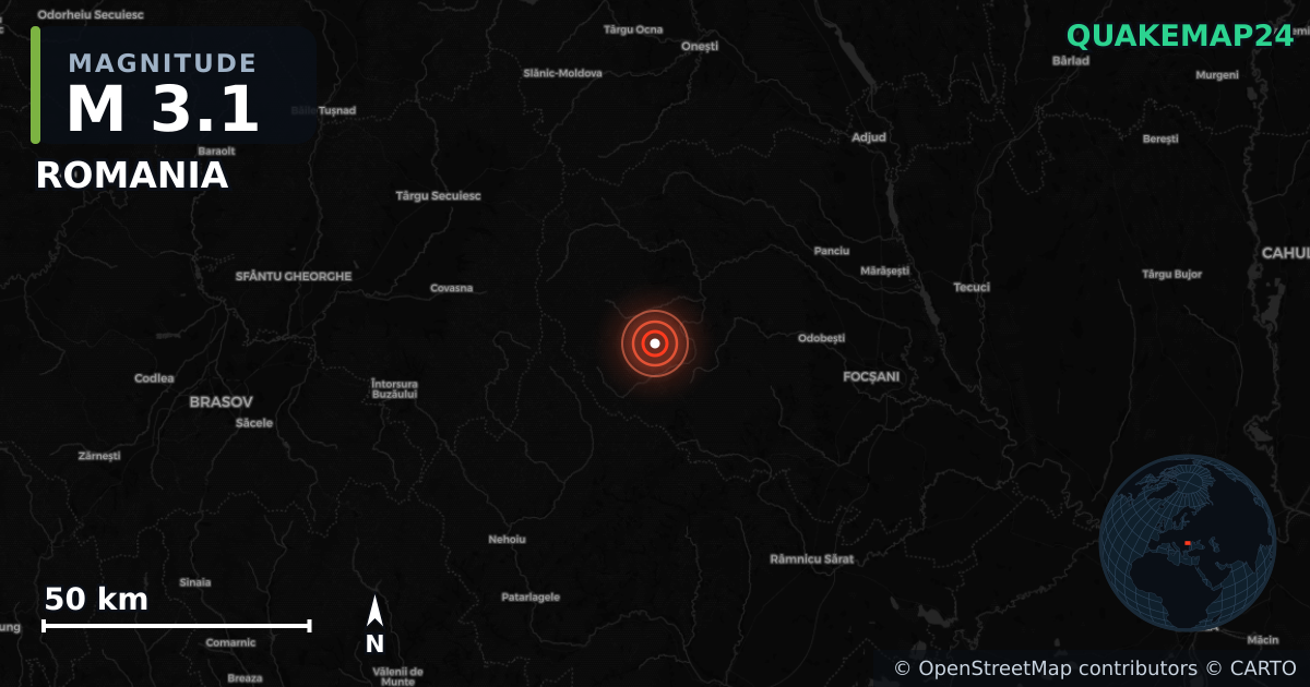 M3.1 earthquake near ROMANIA on Sep 19, 2025 — map of epicenter and shaking intensity | QuakeMap24