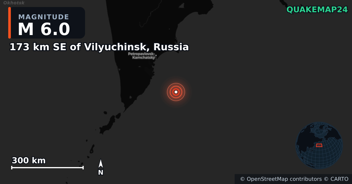 M6.0 earthquake near 173 km SE of Vilyuchinsk, Russia on Jul 31, 2025 — map of epicenter and shaking intensity | QuakeMap24