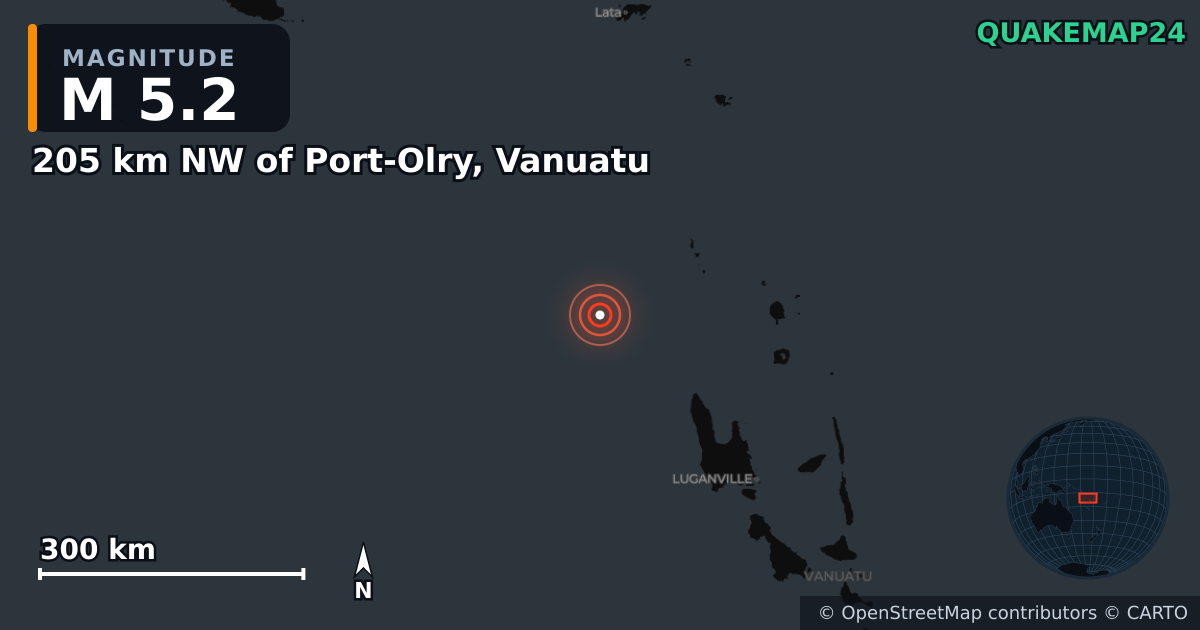 Sismo de M5,2 perto de 205 km NW of Port-Olry, Vanuatu · 2026-10-26 — Mapa da localização do epicentro