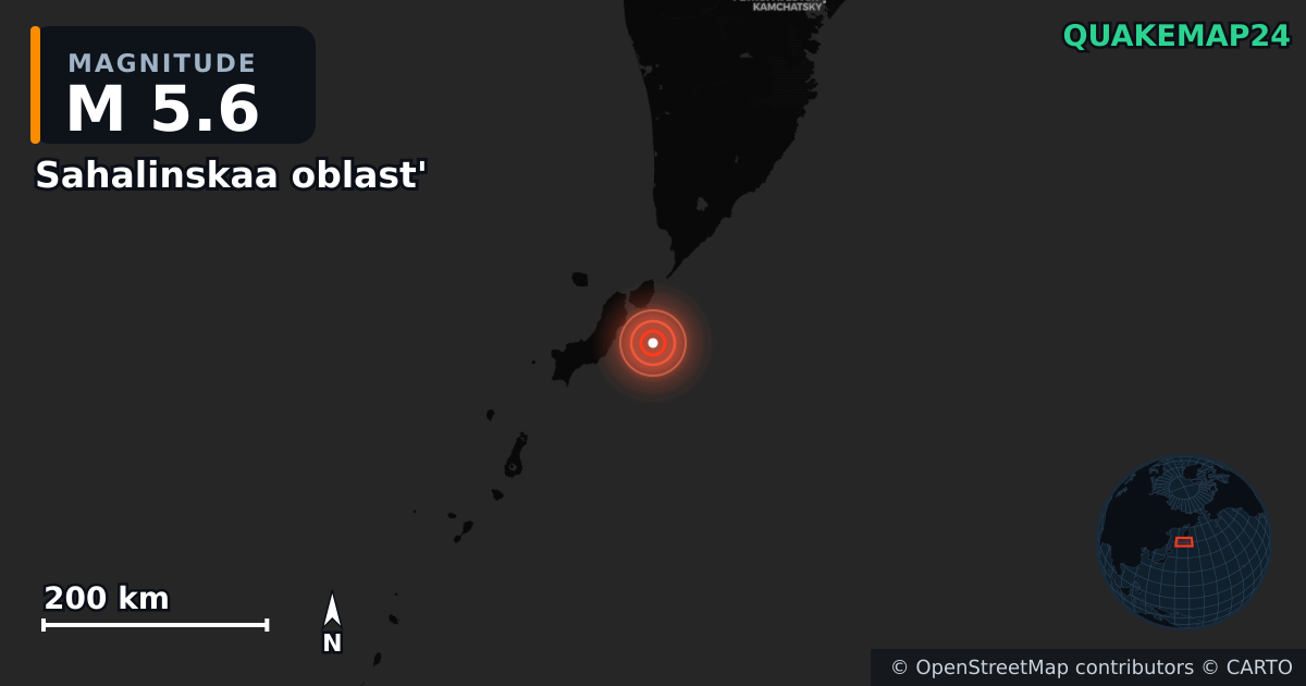M5.6 earthquake near Sahalinskaa oblast' on Oct 10, 2025 — map of epicenter and shaking intensity | QuakeMap24