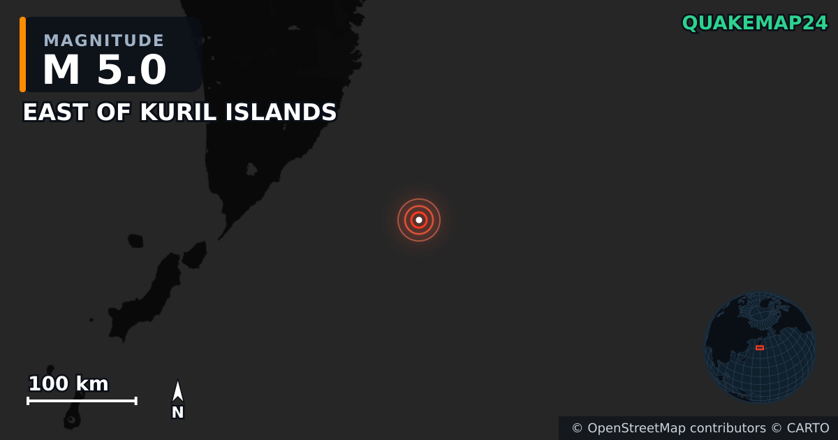 M5.0 earthquake near EAST OF KURIL ISLANDS on Jul 30, 2025 — map of epicenter and shaking intensity | QuakeMap24