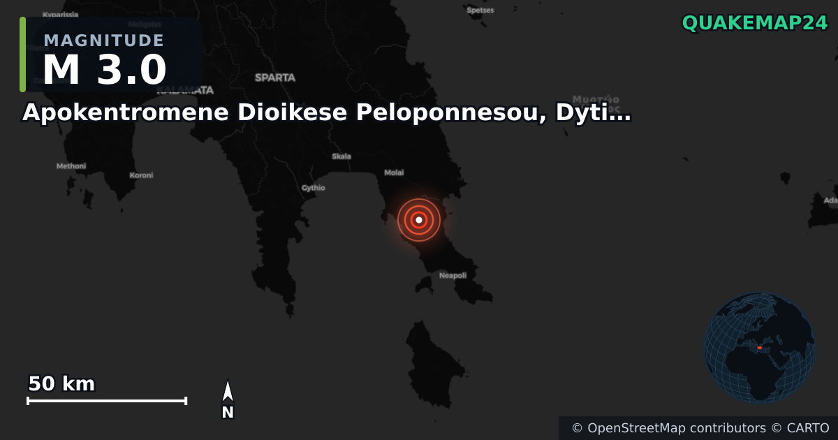M3.0 earthquake near Apokentromene Dioikese Peloponnesou, Dytikes Elladas kai Ioniou on Oct 14, 2025 — map of epicenter and shaking intensity | QuakeMap24