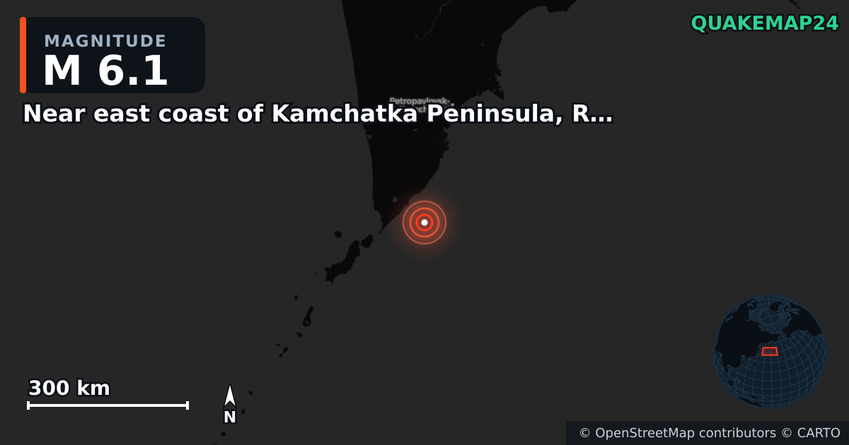 M6.1 earthquake near Near east coast of Kamchatka Peninsula, Russia [Sea: Russia] on Feb 16, 2026 — map of epicenter and shaking intensity | QuakeMap24