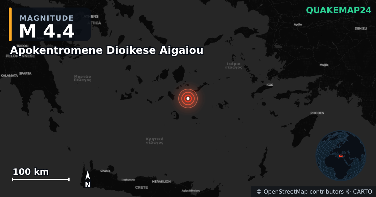 M4.4 earthquake near Apokentromene Dioikese Aigaiou on Sep 15, 2025 — map of epicenter and shaking intensity | QuakeMap24