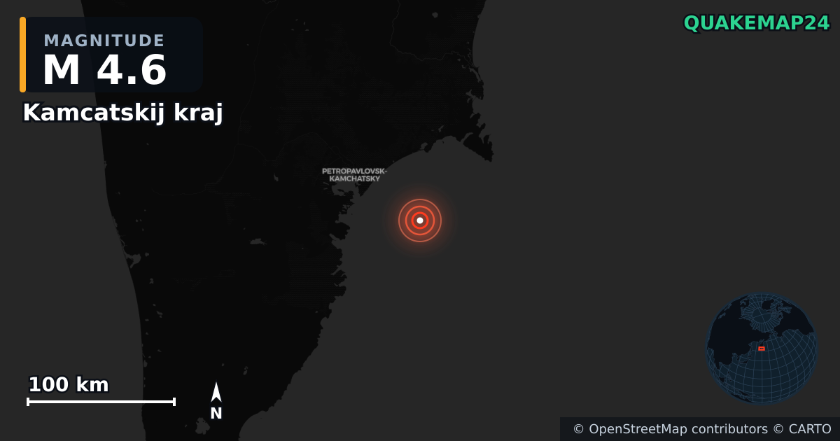 M4.6 earthquake near Kamcatskij kraj on Aug 20, 2025 — map of epicenter and shaking intensity | QuakeMap24