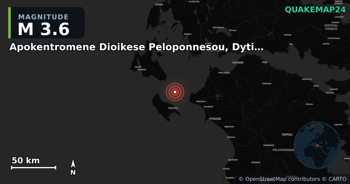M3.6 earthquake near Apokentromene Dioikese Peloponnesou, Dytikes Elladas kai Ioniou on Nov 19, 2025 — map of epicenter and shaking intensity | QuakeMap24