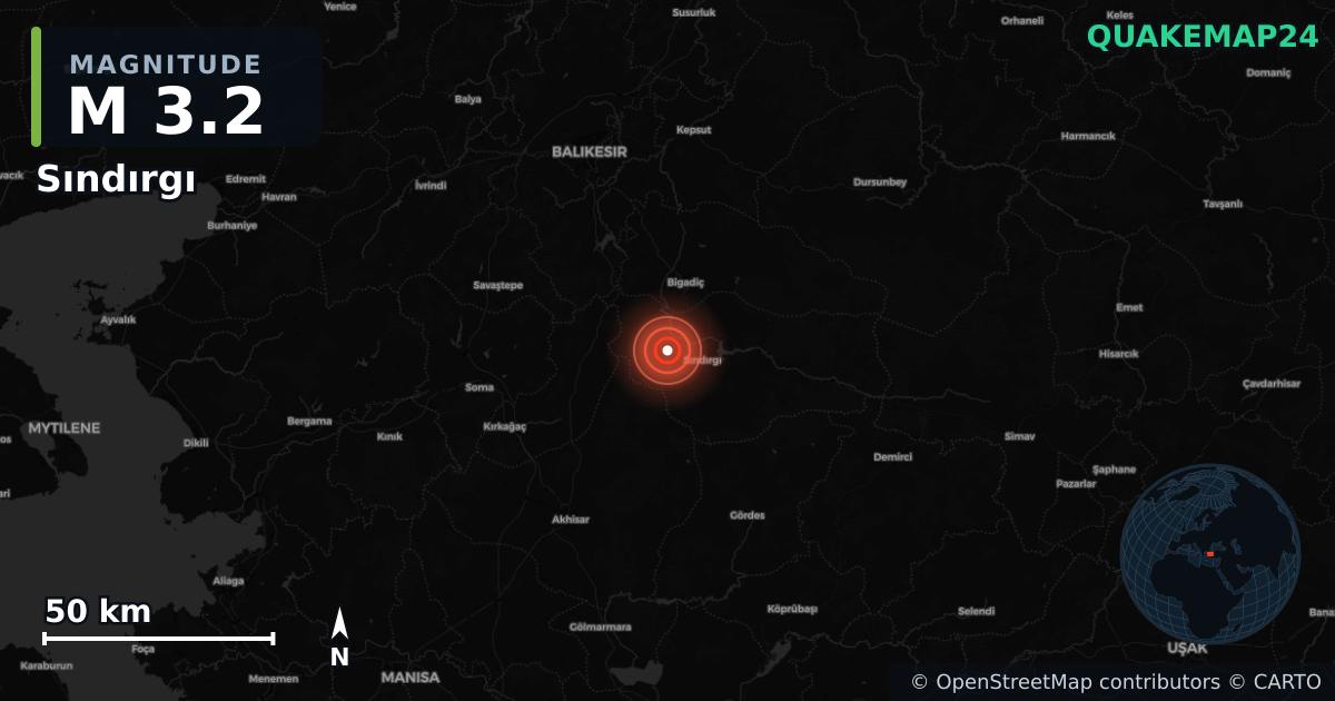 M3.2 earthquake near Sındırgı on Aug 11, 2025 — map of epicenter and shaking intensity | QuakeMap24