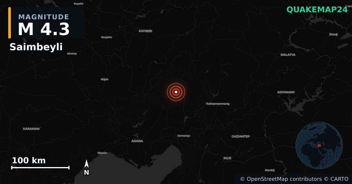 Erdbeben M4,3 bei Saimbeyli, Adana (Türkei) · 2026-10-04 — Karte der Lage des Epizentrums