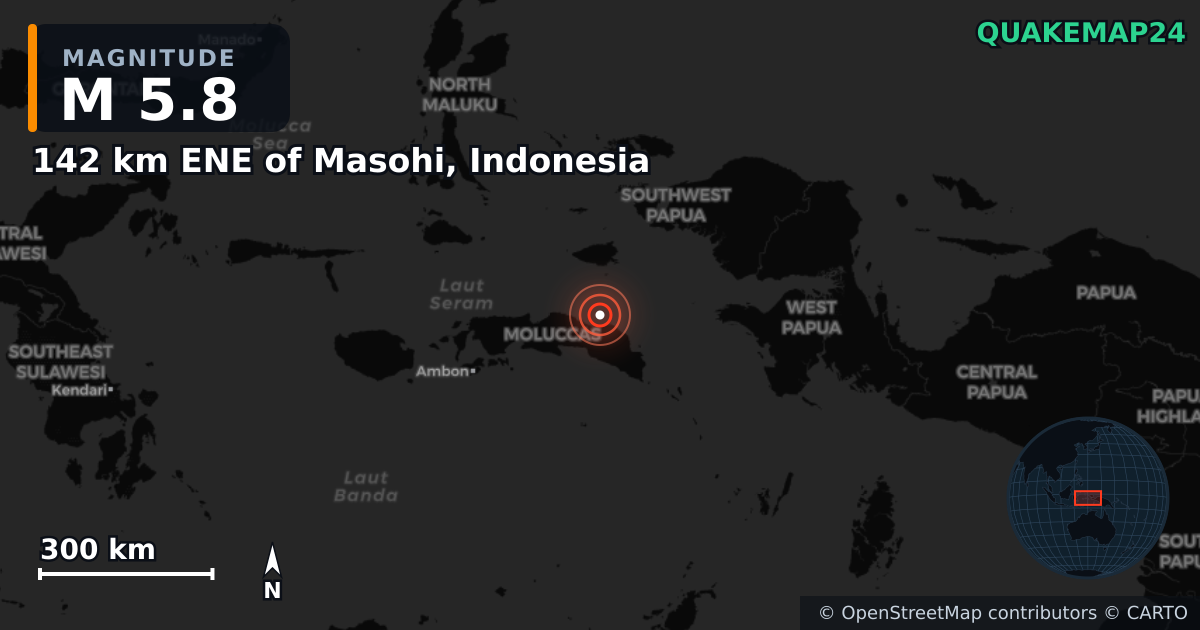 M5.8 earthquake near 142 km ENE of Masohi, Indonesia on Mar 17, 2025 — map of epicenter and shaking intensity | QuakeMap24