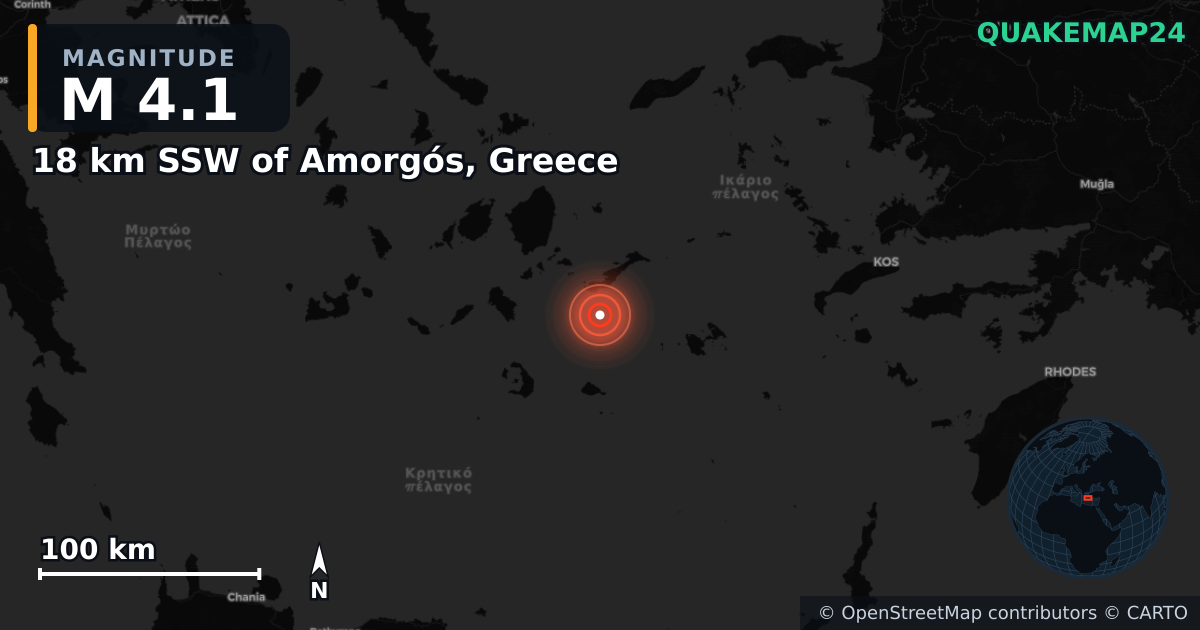M4.1 earthquake near 18 km SSW of Amorgós, Greece on Feb 10, 2025 — map of epicenter and shaking intensity | QuakeMap24