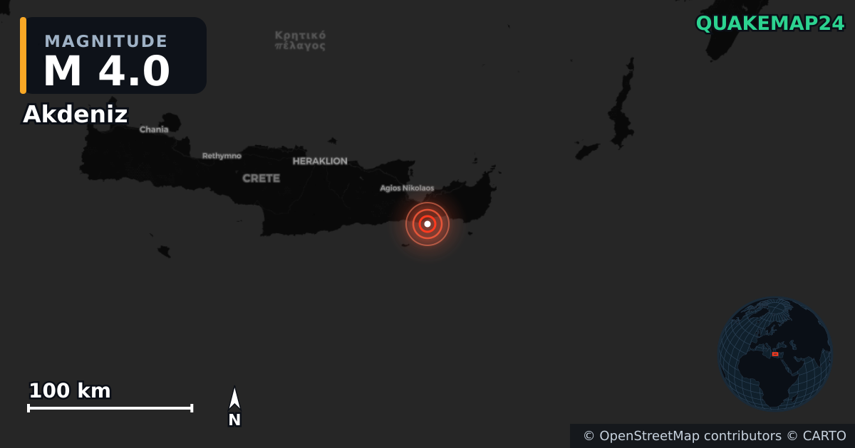 Akdeniz yakınında M4,0 deprem · 2026-04-24 — Deprem merkez üssünün konumunu gösteren harita