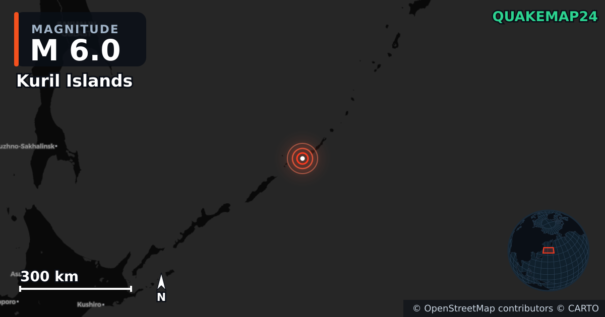 M6.0 earthquake near Kuril Islands on Jul 14, 2025 — map of epicenter and shaking intensity | QuakeMap24