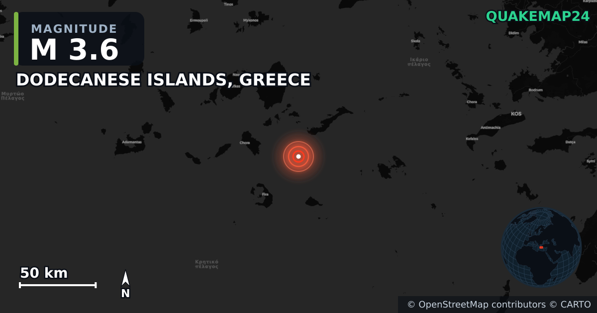 M3.6 earthquake near DODECANESE ISLANDS, GREECE on Apr 29, 2025 — map of epicenter and shaking intensity | QuakeMap24