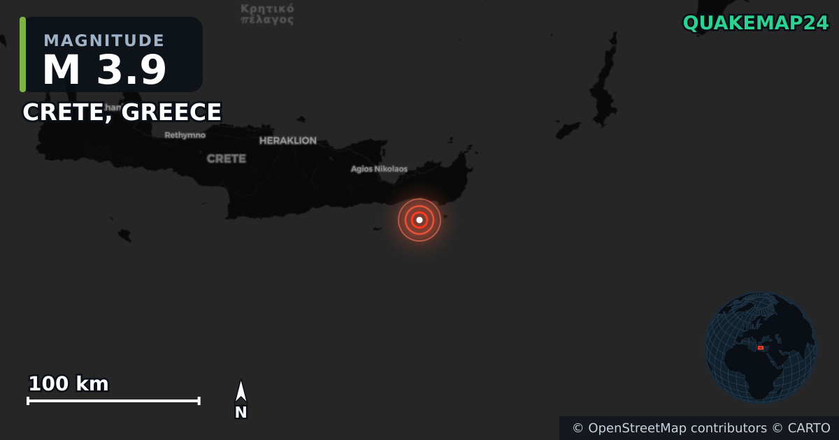 M3.9 earthquake near CRETE, GREECE on May 25, 2025 — map of epicenter and shaking intensity | QuakeMap24