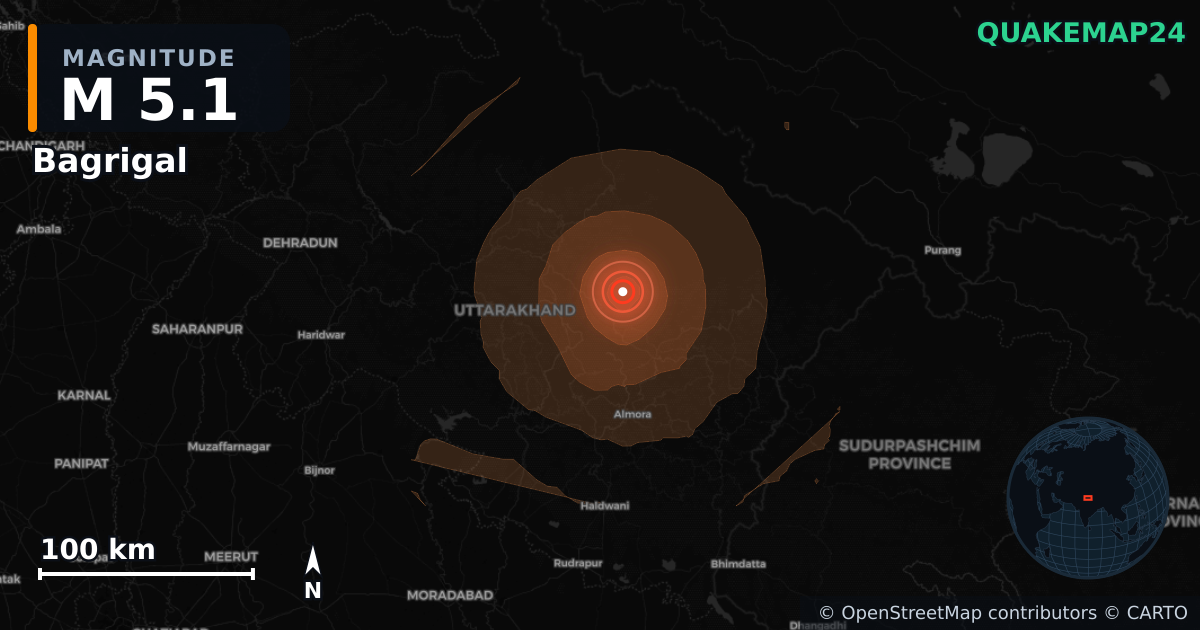 Bagrigal, Uttarakhand (Hindistan) yakınında M5,1 deprem · 2026-10-06 — Deprem merkez üssünün konumunu gösteren harita
