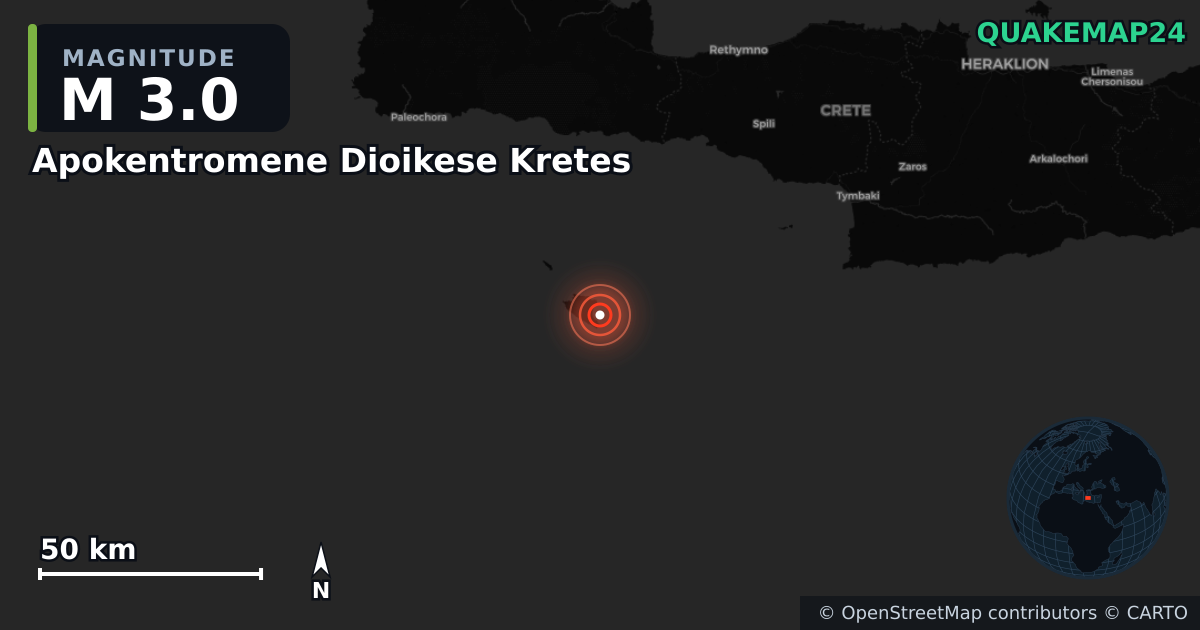 M3.0 earthquake near Apokentromene Dioikese Kretes on May 25, 2025 — map of epicenter and shaking intensity | QuakeMap24
