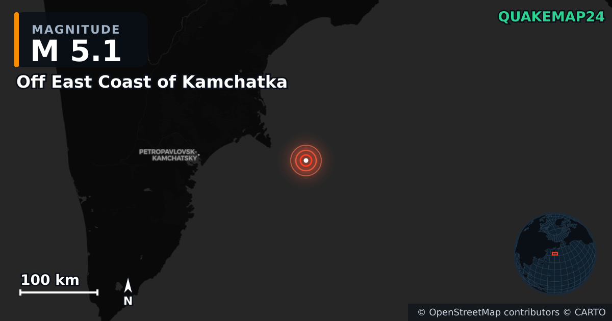 M5.1 earthquake near Off East Coast of Kamchatka on Sep 20, 2025 — map of epicenter and shaking intensity | QuakeMap24
