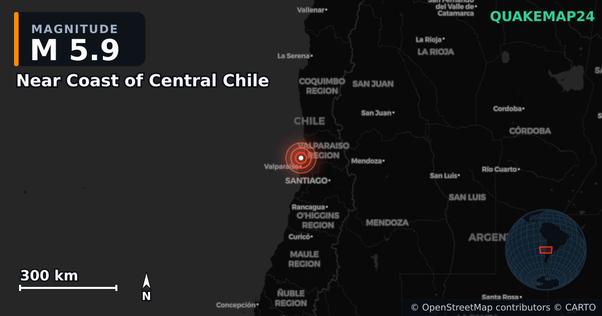 M5.9 earthquake near Near Coast of Central Chile on May 31, 2026 — map of epicenter and shaking intensity | QuakeMap24