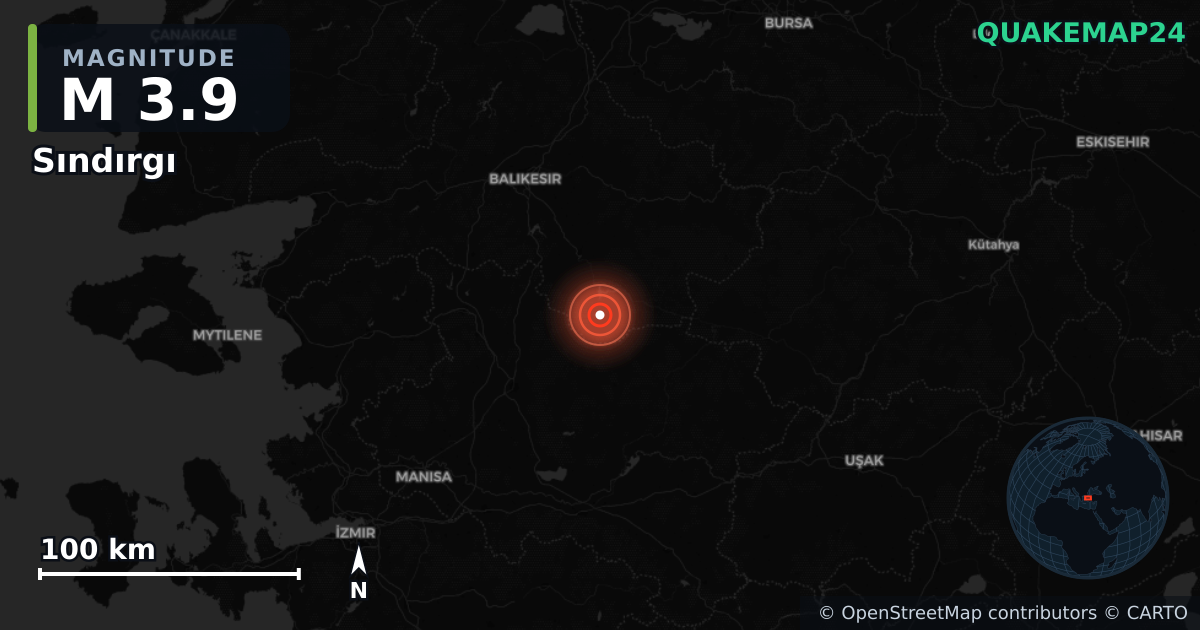 M3.9 earthquake near Sındırgı on Aug 26, 2025 — map of epicenter and shaking intensity | QuakeMap24