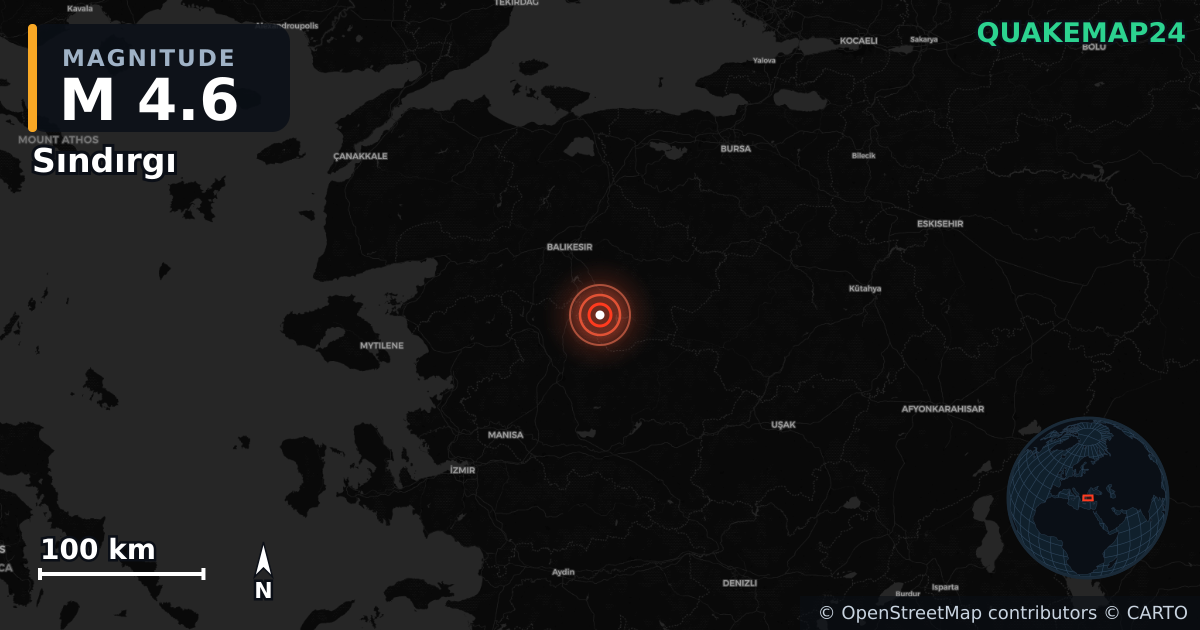 M4.6 earthquake near Sındırgı on Nov 9, 2025 — map of epicenter and shaking intensity | QuakeMap24