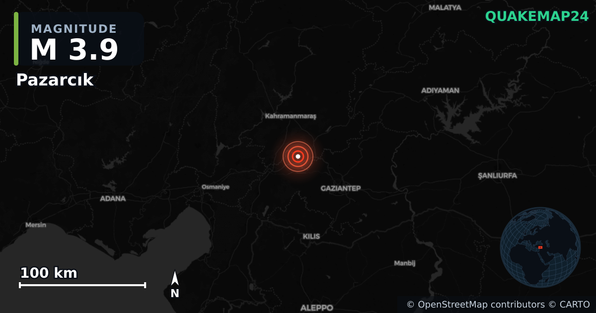 M3.9 earthquake near Pazarcık on Oct 21, 2025 — map of epicenter and shaking intensity | QuakeMap24