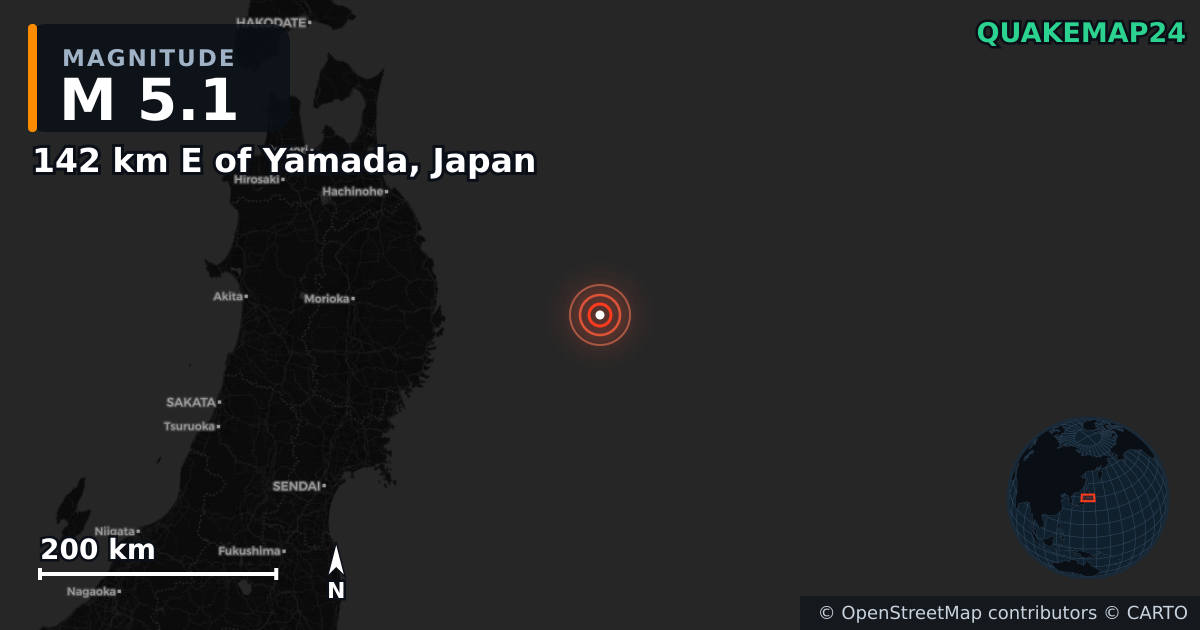 M5.1 earthquake near 142 km E of Yamada, Japan on Nov 10, 2025 — map of epicenter and shaking intensity | QuakeMap24