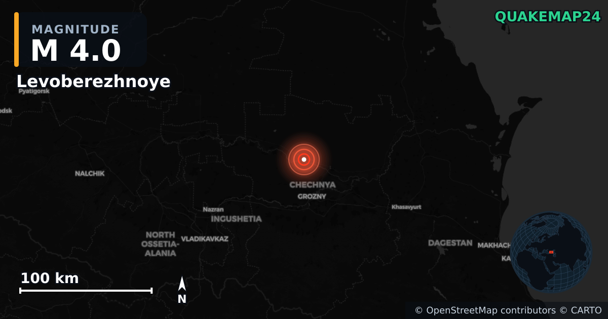 M4.0 earthquake near Levoberezhnoye on Jul 19, 2026 — map of epicenter and shaking intensity | QuakeMap24