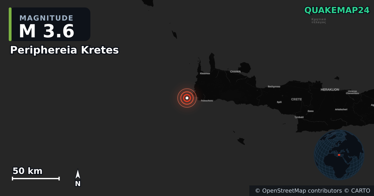 M3.6 earthquake near Periphereia Kretes on Jan 1, 2026 — map of epicenter and shaking intensity | QuakeMap24