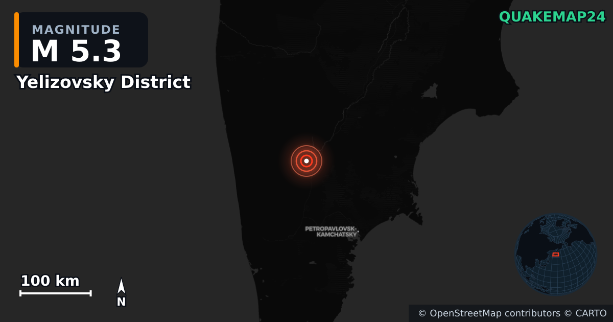 M5.3 earthquake near Yelizovsky District on Aug 17, 2026 — map of epicenter and shaking intensity | QuakeMap24