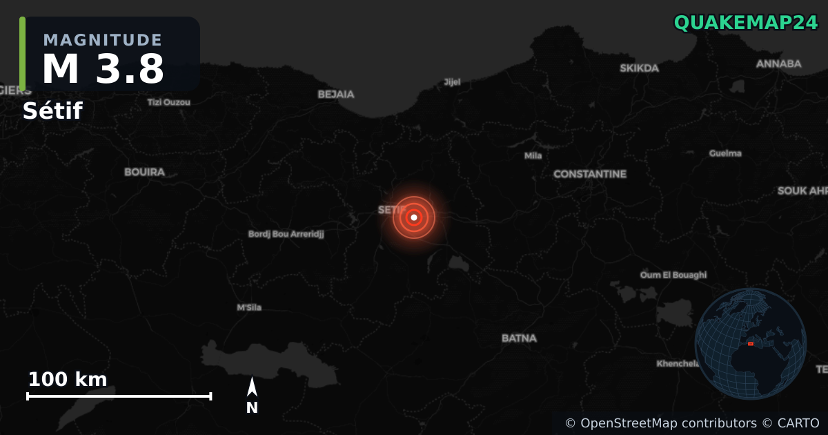 M3.8 earthquake near Sétif on Oct 24, 2025 — map of epicenter and shaking intensity | QuakeMap24