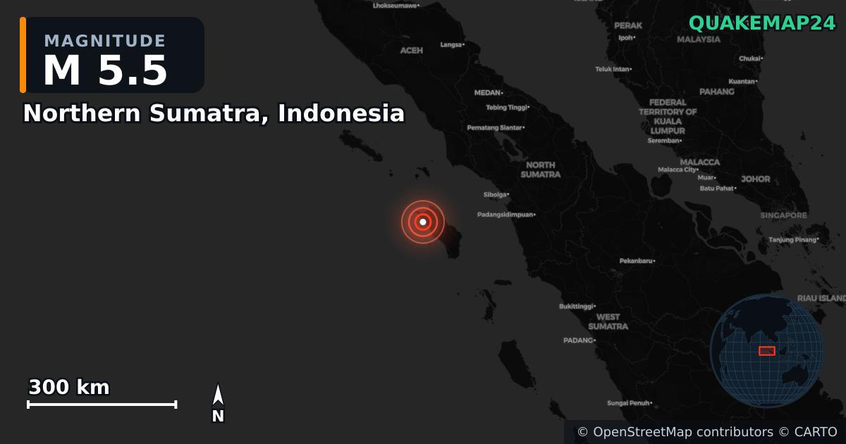 Erdbeben M5,5 bei Northern Sumatra, Indonesia — Karte der Lage des Epizentrums