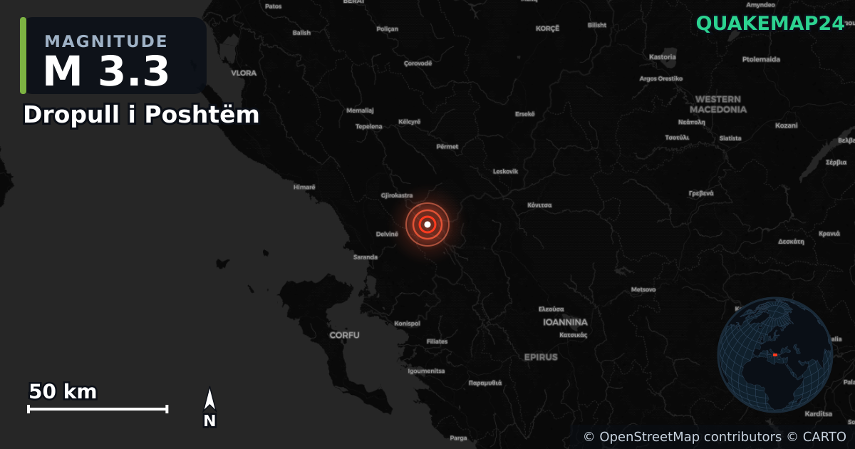 M3.3 earthquake near Dropull i Poshtëm on Sep 6, 2025 — map of epicenter and shaking intensity | QuakeMap24