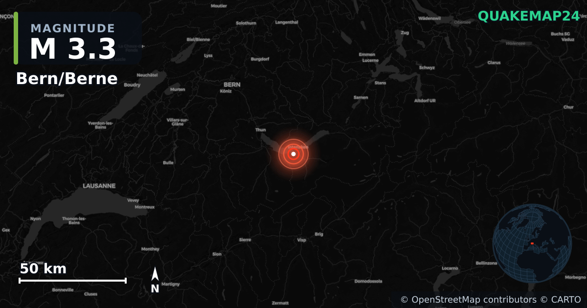 M3.3 earthquake near Bern/Berne on Jul 22, 2025 — map of epicenter and shaking intensity | QuakeMap24