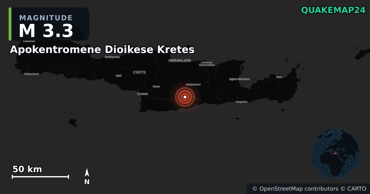 M3.3 earthquake near Apokentromene Dioikese Kretes on May 30, 2025 — map of epicenter and shaking intensity | QuakeMap24