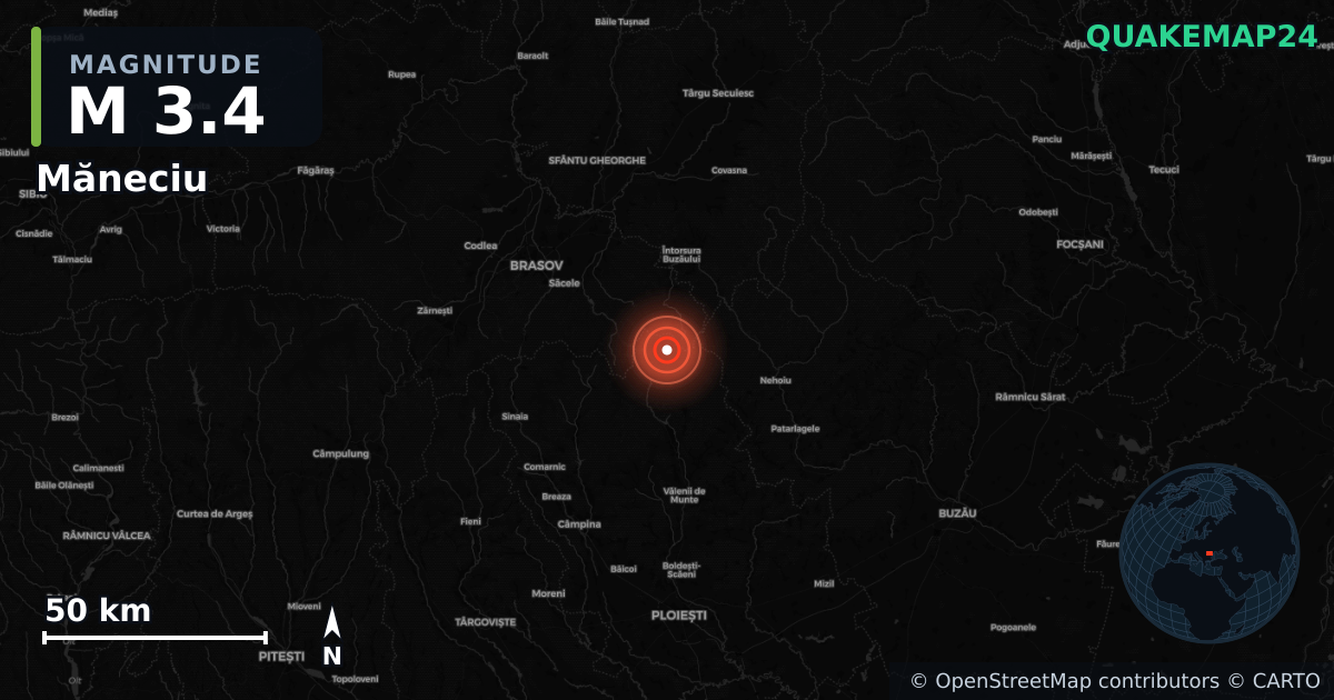 M3.4 earthquake near Măneciu on Apr 8, 2026 — map of epicenter and shaking intensity | QuakeMap24