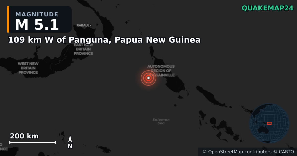 M5.1 earthquake near 109 km W of Panguna, Papua New Guinea on Feb 23, 2025 — map of epicenter and shaking intensity | QuakeMap24
